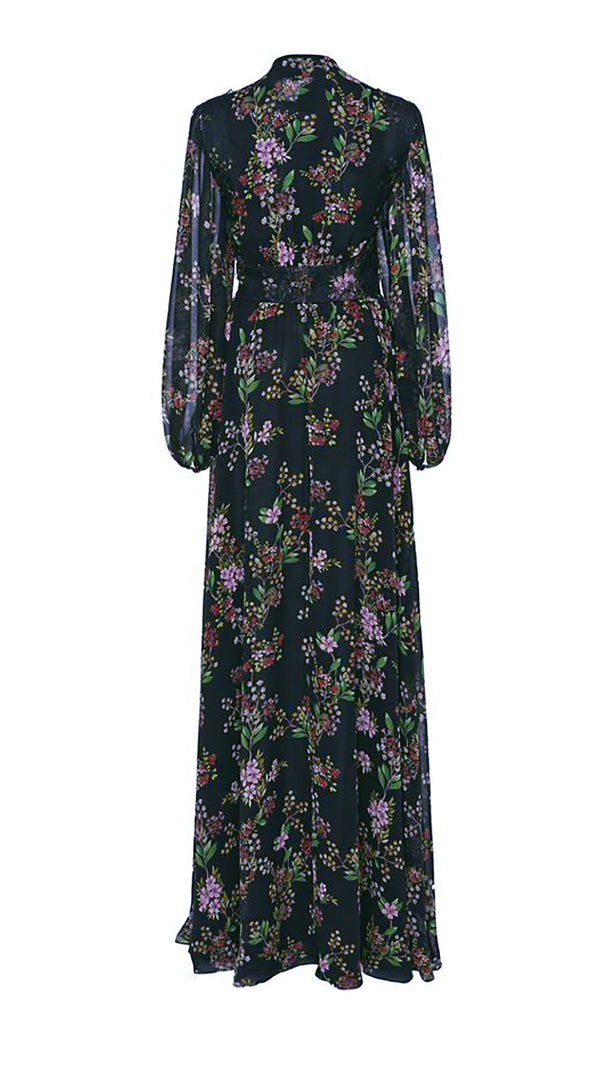 AIIZIE BLACK FLORAL MAXI DRESS WITH SHEER SLEEVES AND LACE DETAILS - product image