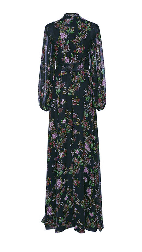 Schwarzes Maxikleid mit Blumenmuster, transparenten Ärmeln und Spitzendetails 