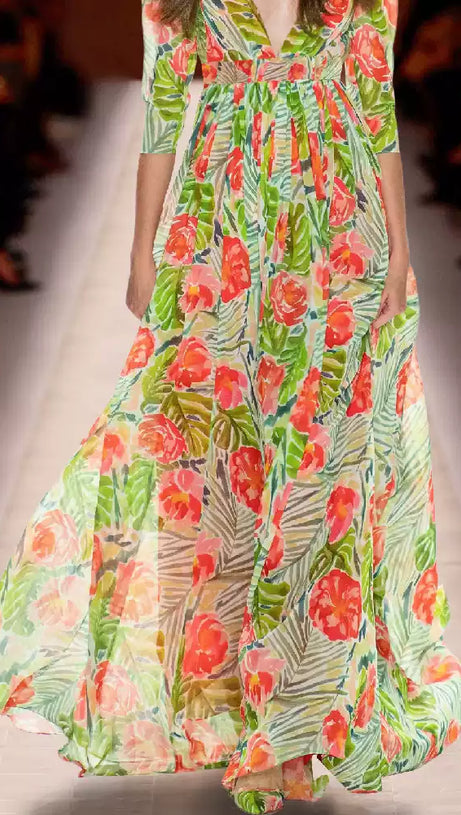 ELEGANT FLORAL GREEN MAXI DRESS WITH V - NECK AND BELT
