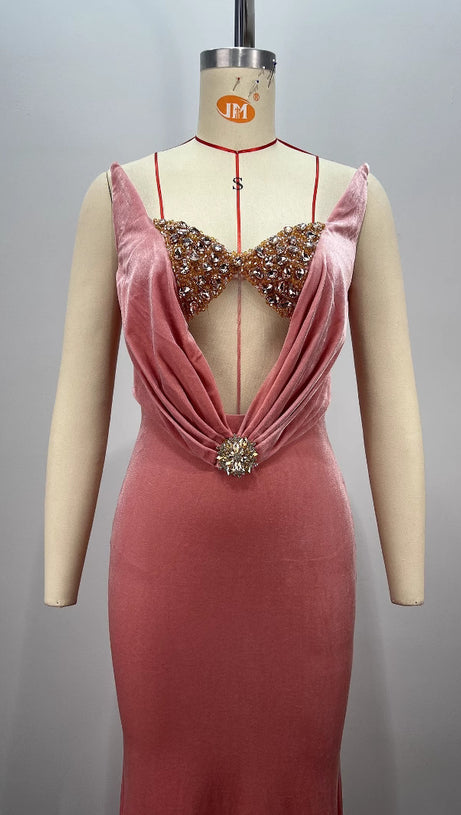 OFF-SHOULDER CRYSTAL EMBELLISHED BODYCON MAXI DRESS IN ICEBERRY PINK