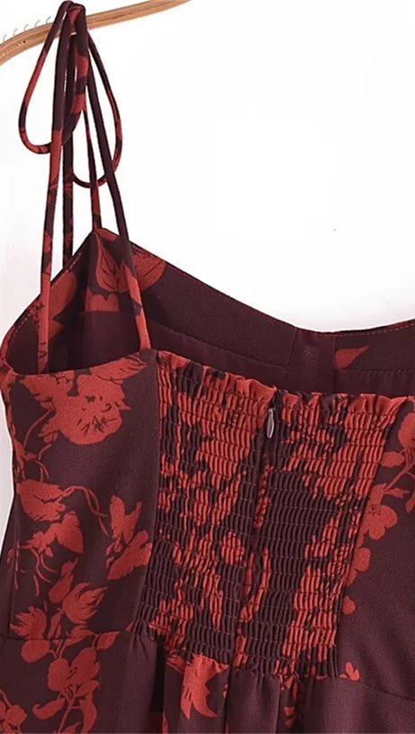 FLORAL PRINT SLIT MIDI DRESS IN BURGUNDY