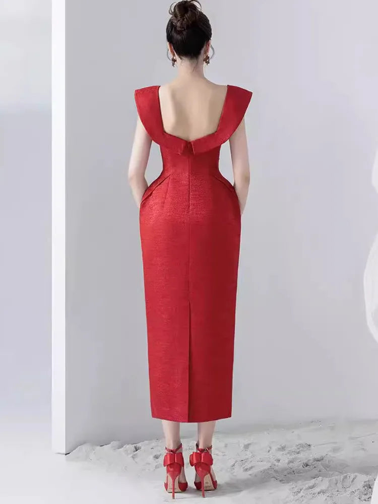 AIIZIE SQUARE NECKLINE BOW MIDI DRESS IN RED - product image