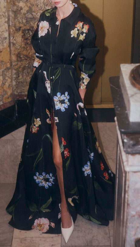 BLACK PRINTED SINGLE - BREASTED SHIRT MAXI DRESS