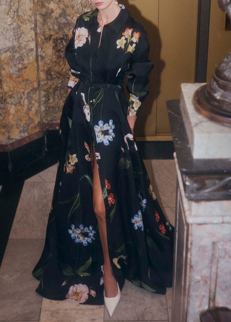 AIIZIE BLACK PRINTED SINGLE - BREASTED SHIRT MAXI DRESS - product image