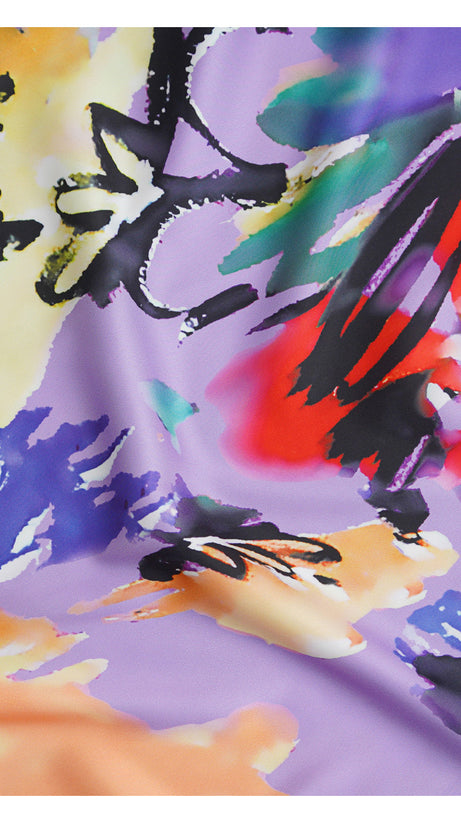 Lilafarbenes, bunt bedrucktes Maxikleid mit langen Ärmeln 