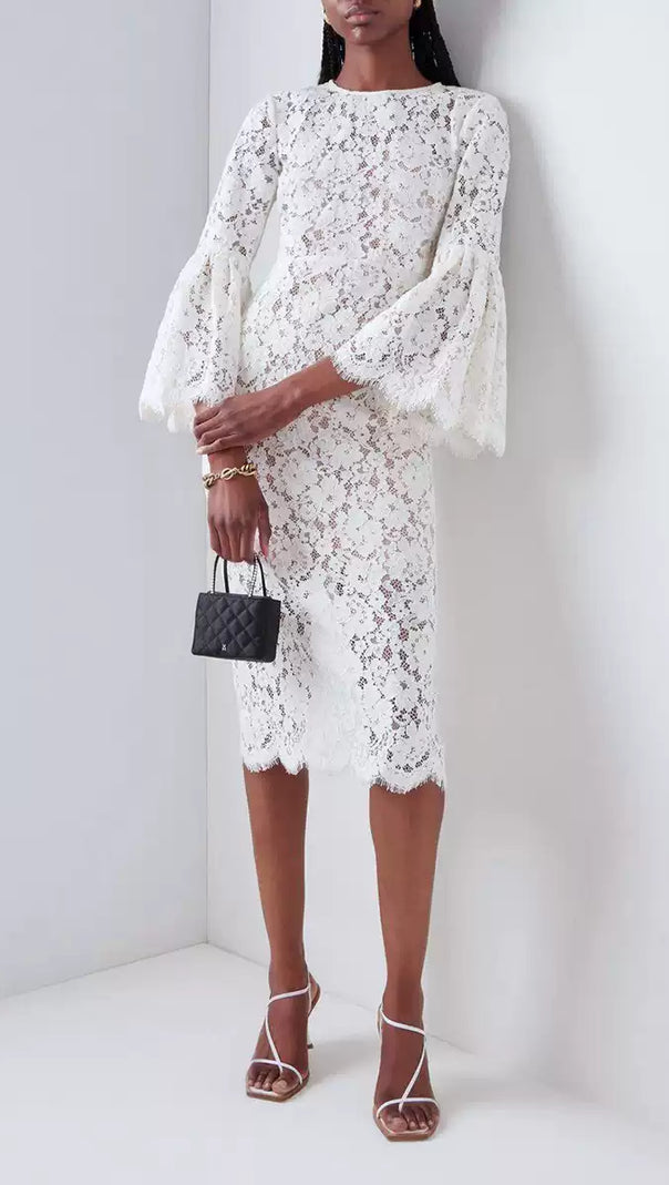 AIIZIE WHITE LACE HOLLOW MIDI DRESS - product image