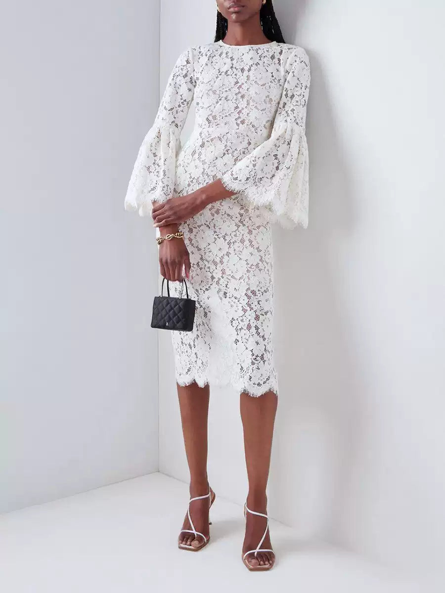 WHITE LACE HOLLOW MIDI DRESS