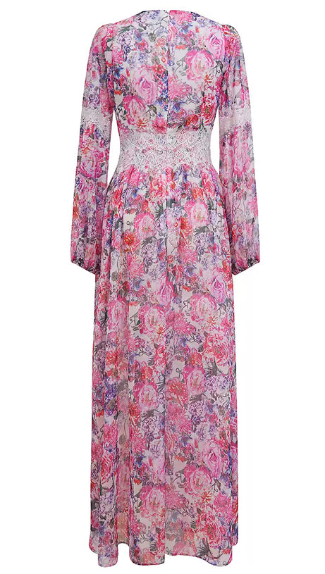 FLORAL CHIFFON MAXI DRESS WITH LACE WAIST AND LONG SLEEVES