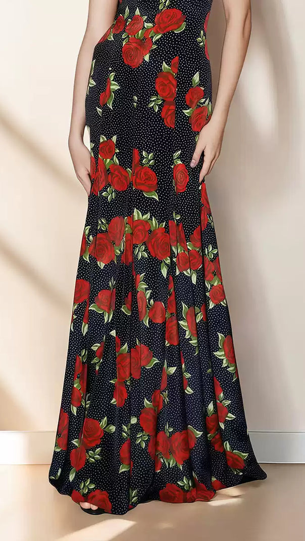 AIIZIE BLACK MAXI DRESS WITH RED ROSE PRINTS AND V - NECK - product image