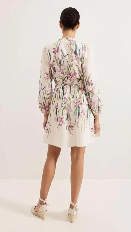 FLORAL PRINT BLOUSON SLEEVE MINI DRESS IN IVORY