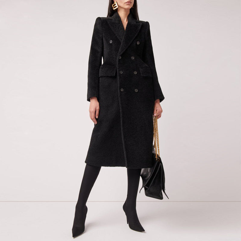 BLACK TEXTURED LONG COAT WITH DOUBLE - BREASTED DESIGN