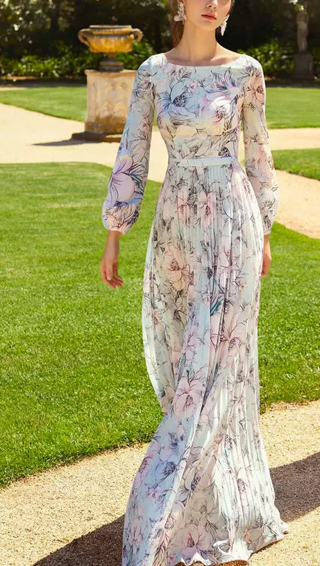 ELEGANT FLORAL PLEATED LONG DRESS WITH SHEER SLEEVES