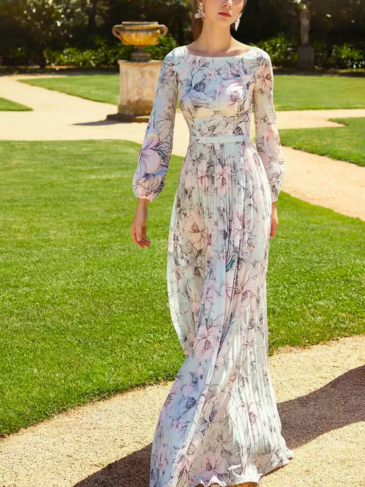 ELEGANT FLORAL PLEATED LONG DRESS WITH SHEER SLEEVES