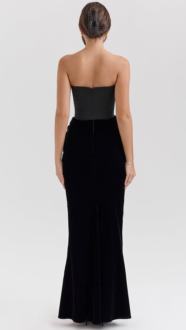 AIIZIE BLACK VELVET STRAPLESS CORSET MAXI DRESS - product image