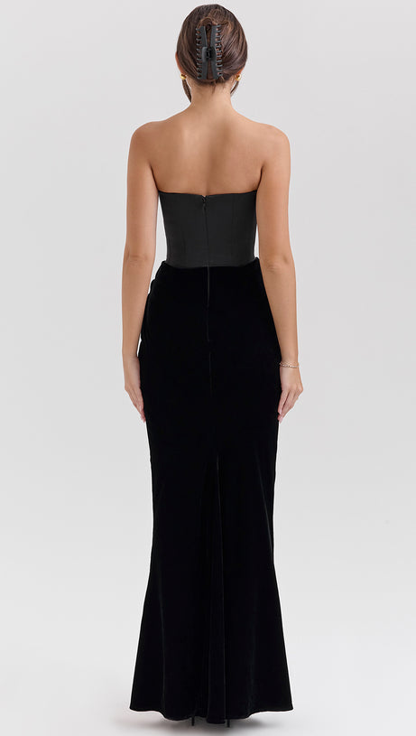 BLACK VELVET STRAPLESS CORSET MAXI DRESS