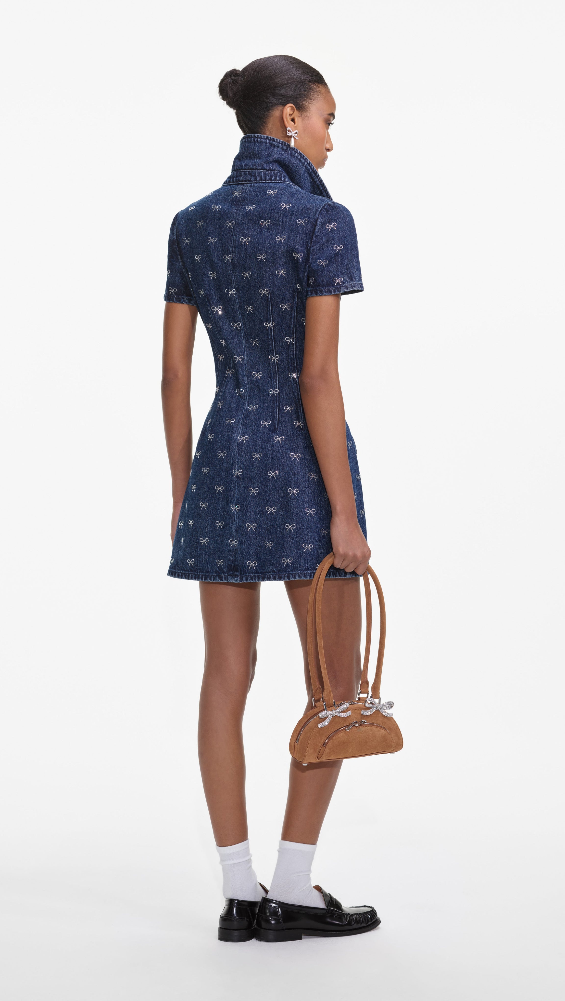 DENIM DIAMANTE BOW COLLARED MINI DRESS