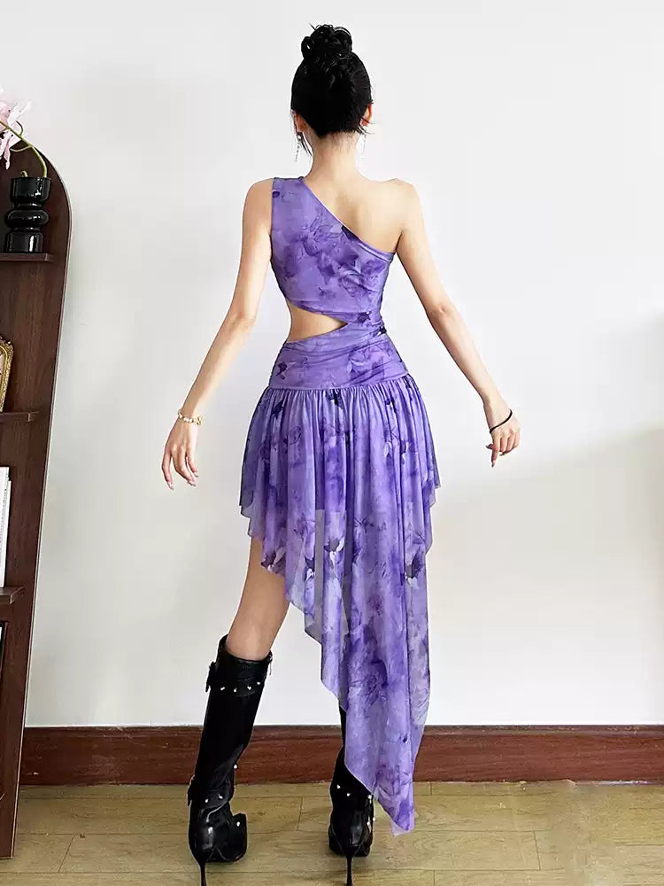 Purple One - Shoulder Cutout Asymmetric Mini  Hoco Dress