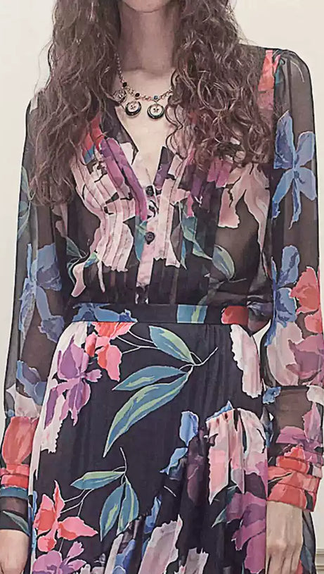 ELEGANT FLORAL CHIFFON MAXI DRESS WITH RUFFLED DETAILS