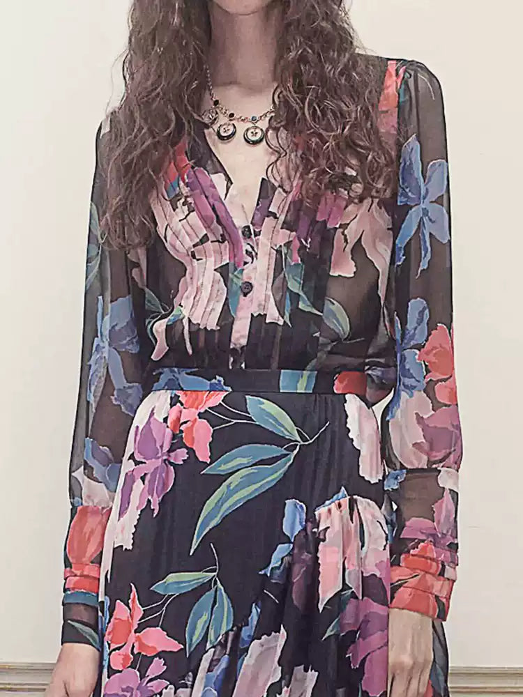 AIIZIE ELEGANT FLORAL CHIFFON MAXI DRESS WITH RUFFLED DETAILS - product image