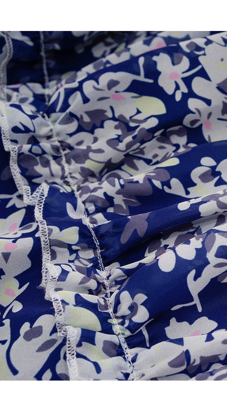 BLUE FLORAL OFF SHOULDER MAXI DRESS WITH TIERED SKIRT