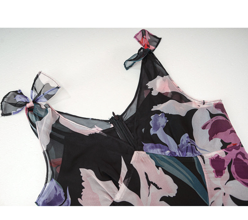 ELEGANT FLORAL CHIFFON MAXI DRESS WITH BOW STRAPS