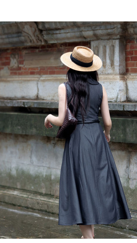 GREY SLEEVELESS BELTED MIDI DRESS