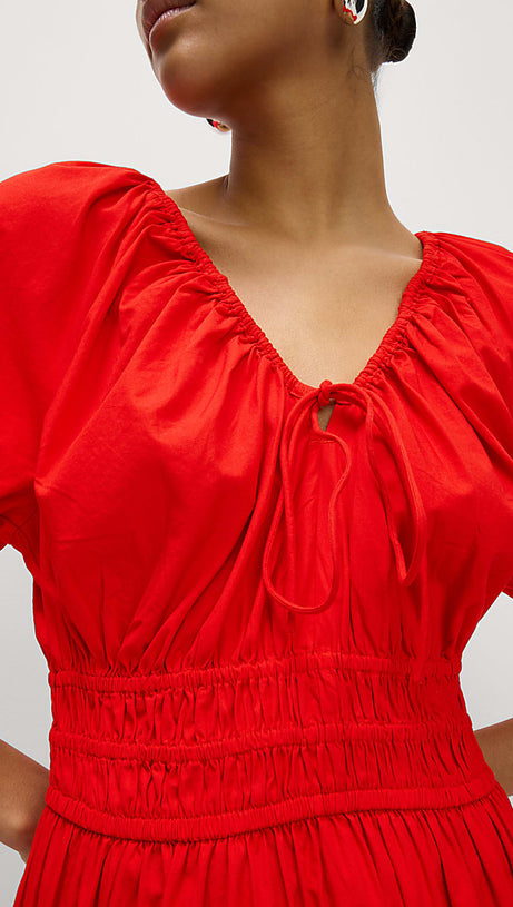 ABITO IN PURO COTONE CON COLLO A CRAVATTA E VITA ALTA ROSSO