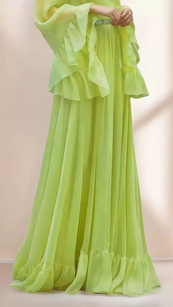 AIIZIE ELEGANT LIME GREEN CHIFFON GOWN WITH RUFFLED SLEEVES - product image