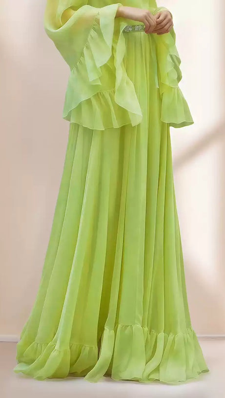 ELEGANT LIME GREEN CHIFFON GOWN WITH RUFFLED SLEEVES