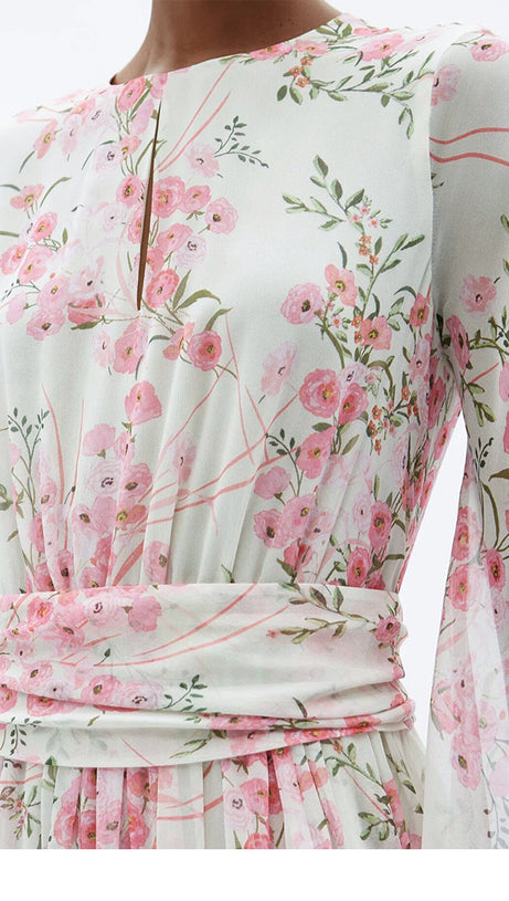 PINK FLORAL CHIFFON MAXI DRESS WITH LONG SLEEVES