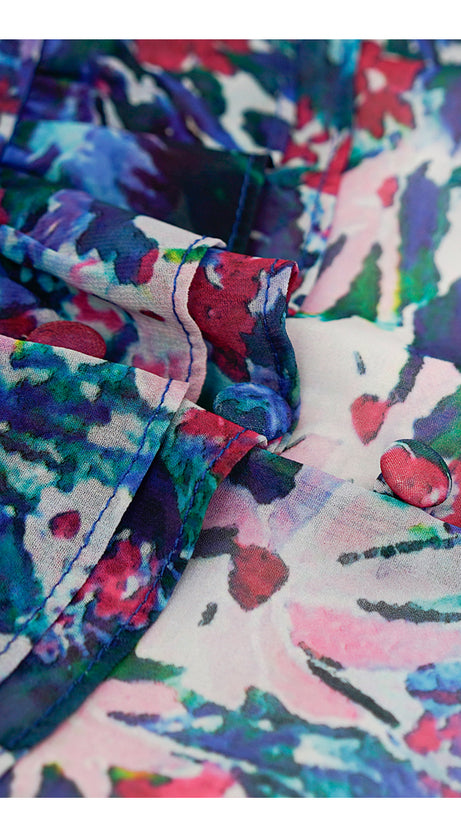 ELEGANT FLORAL MAXI DRESS WITH BOW NECKLINE AND RUFFLES