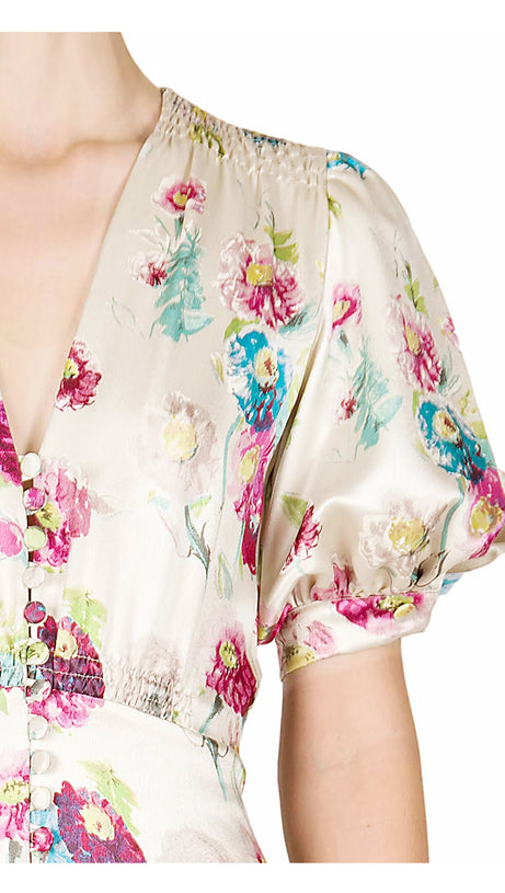 FLORAL PRINT V - NECK MAXI DRESS WITH PUFF SLEEVES