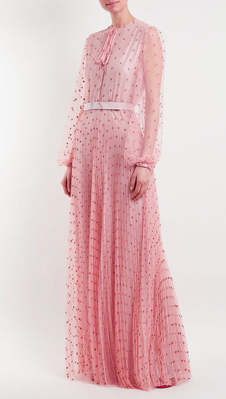 ELEGANT PINK SHEER DOT MAXI DRESS WITH TIE NECKLINE