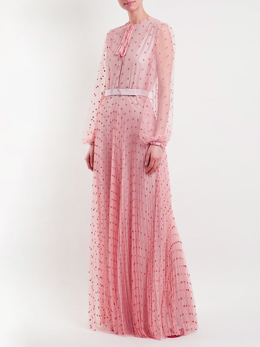 ELEGANT PINK SHEER DOT MAXI DRESS WITH TIE NECKLINE