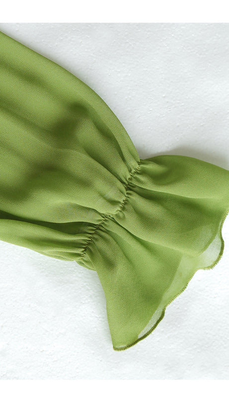 GREEN CHIFFON MAXI DRESS WITH YELLOW BELT AND SHEER SLEEVES