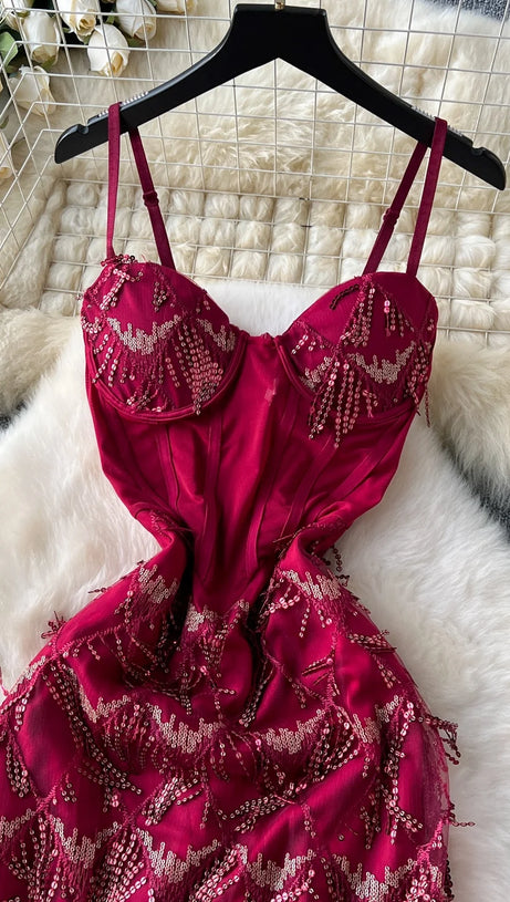 CAROL SEQUIN FRINGE MAXI DRESS IN RED