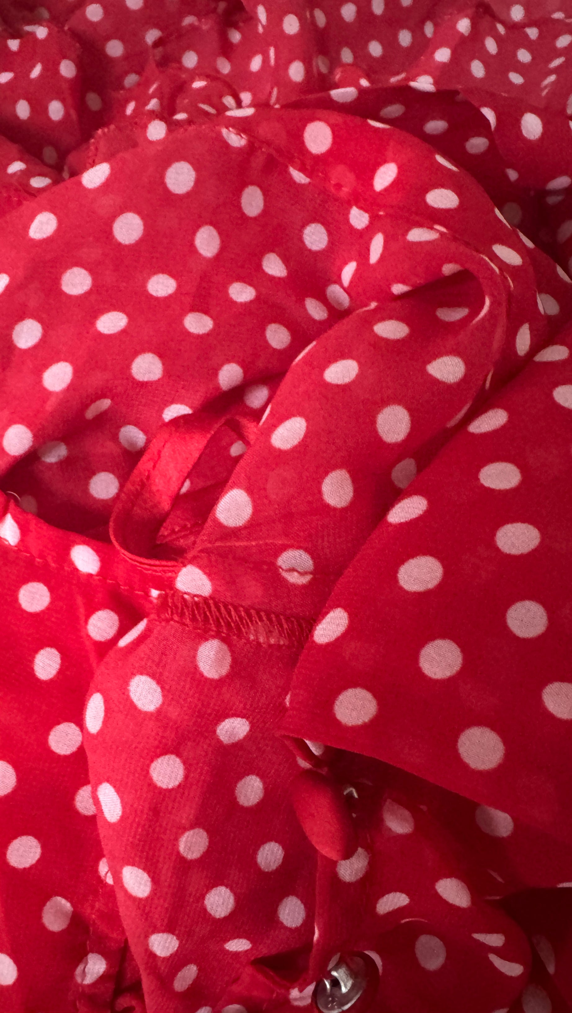 RED POLKA DOT TIERED MAXI DRESS WITH SHEER SLEEVES