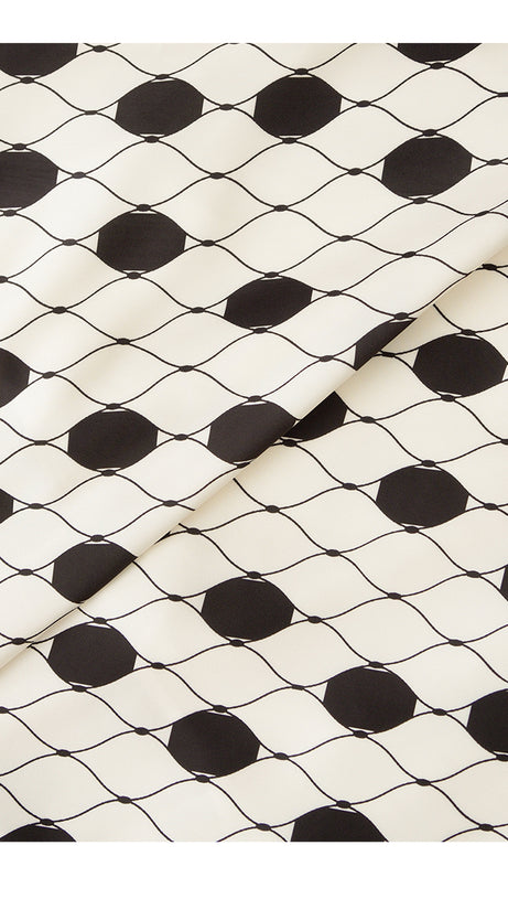 POLKA DOT SATIN GOWN WITH SHEER SLEEVES & BOW NECKLINE