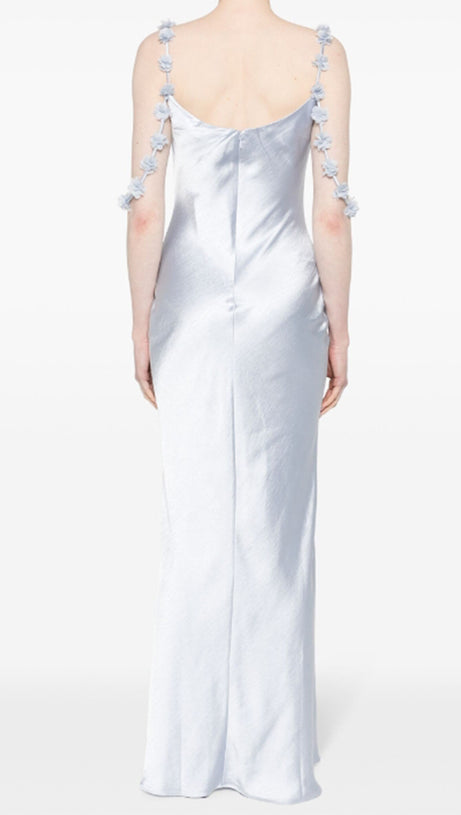 BLUE SATIN FLOWER MAXI DRESS