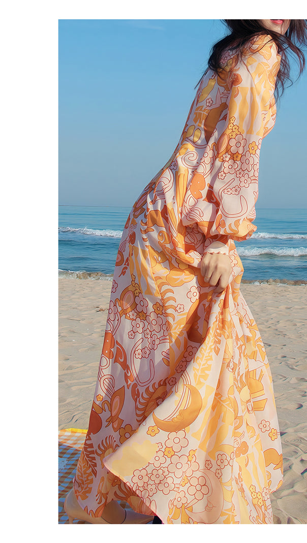 AIIZIE ORANGE PRINT SHEER SLEEVE V - NECK MIDI DRESS - product image