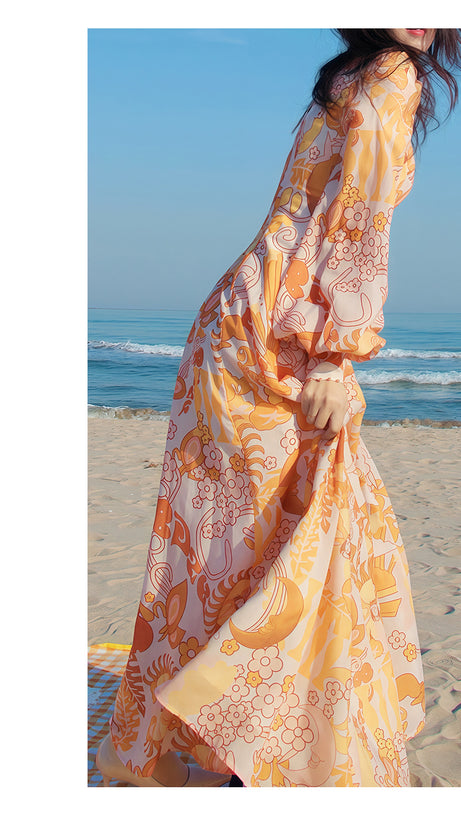 ORANGE PRINT SHEER SLEEVE V - NECK MIDI DRESS