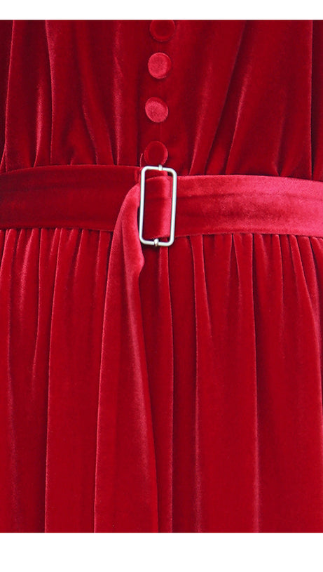 RED VELVET MOCK NECK MAXI DRESS WITH BELT