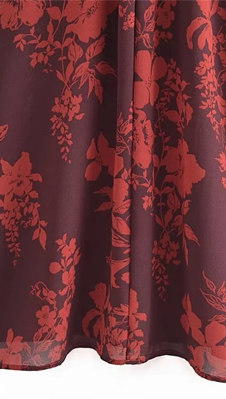 FLORAL PRINT SLIT MIDI DRESS IN BURGUNDY