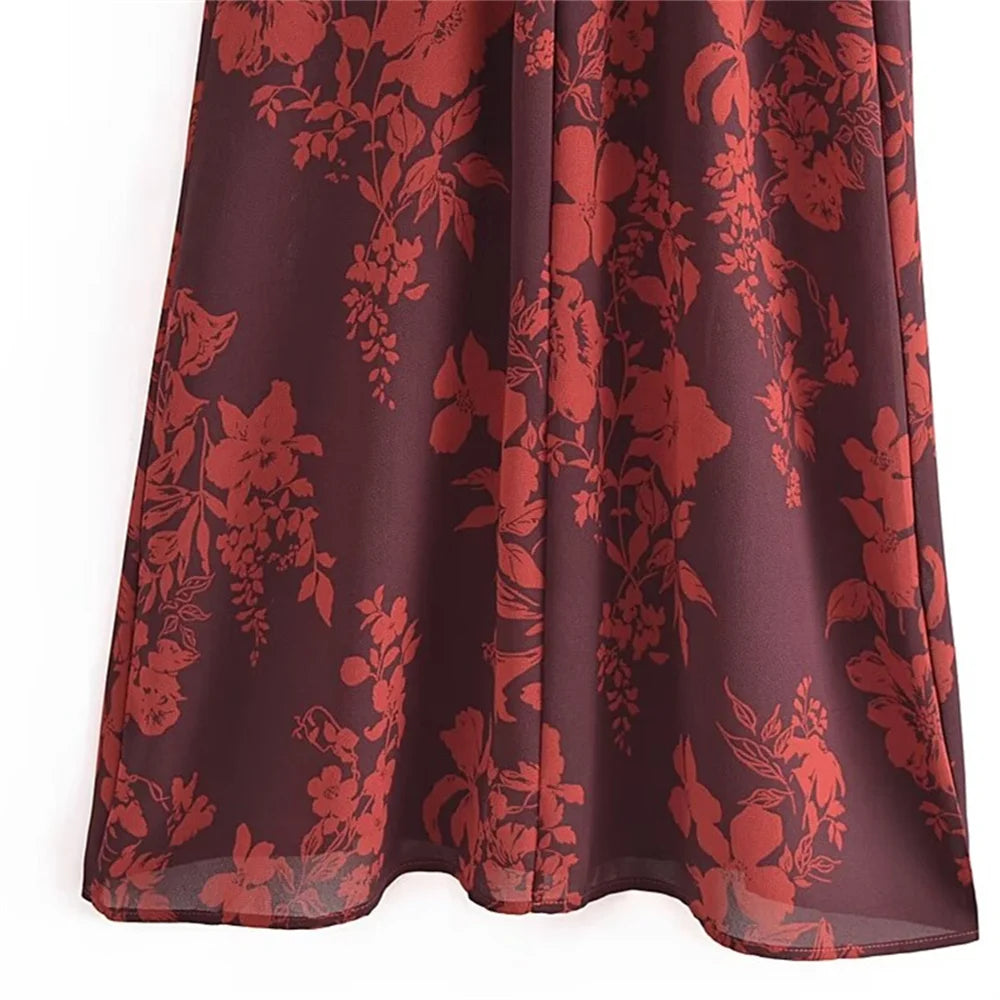 FLORAL PRINT SLIT MIDI DRESS IN BURGUNDY