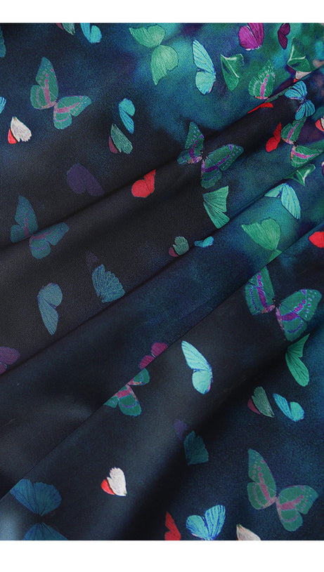 ELEGANT BUTTERFLY - PRINTED MAXI DRESS WITH BELT AND SHEER SLEEVES