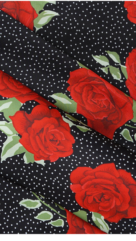 BLACK MAXI DRESS WITH RED ROSE PRINTS AND V - NECK
