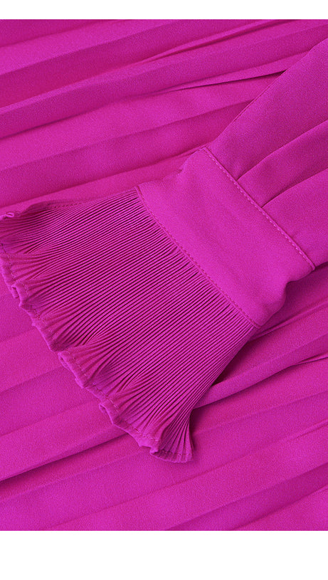 ELEGANT LONG SLEEVE BOW NECKLINE PLEATED MAXI DRESS