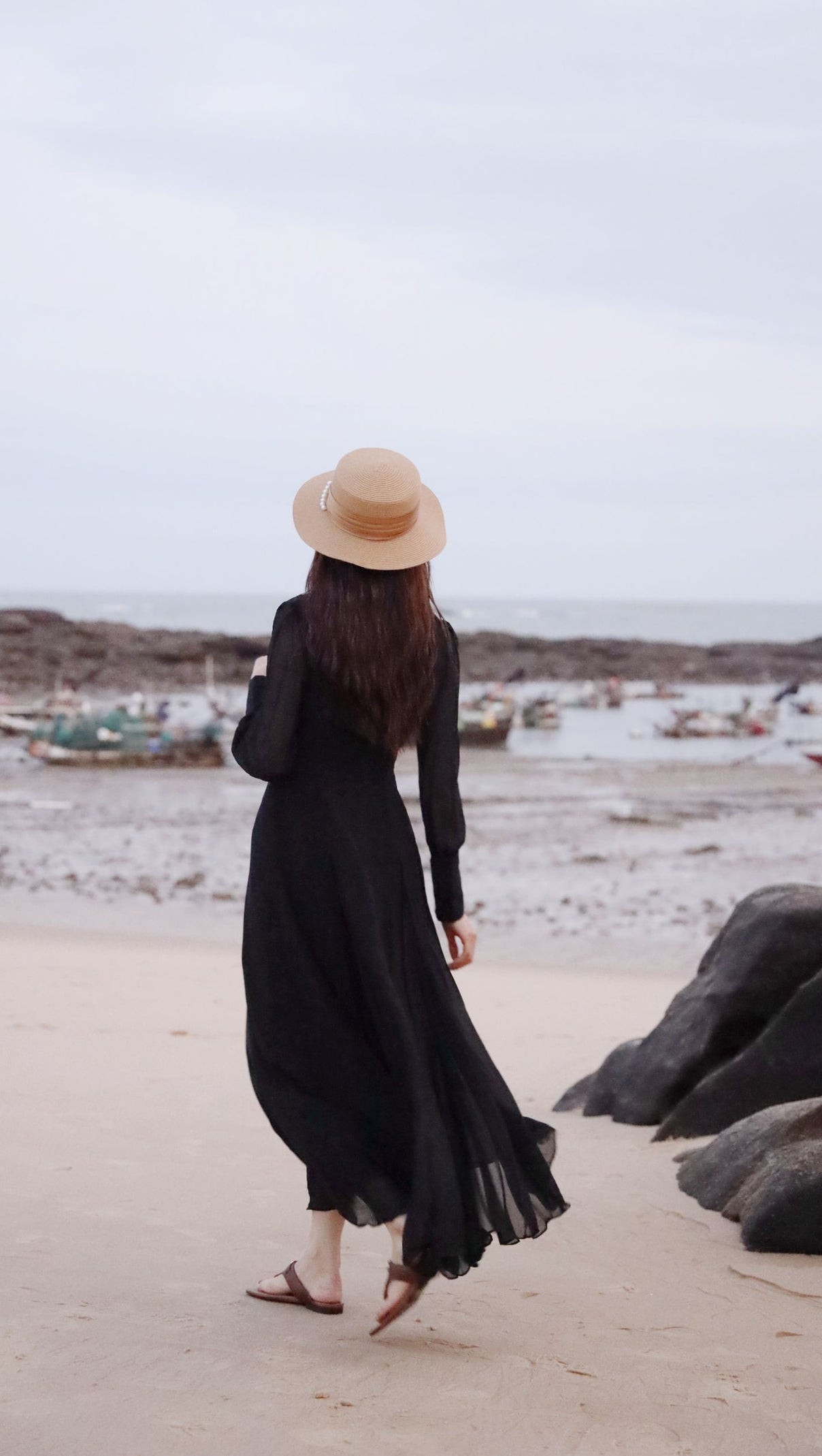 AIIZIE ELEGANT BLACK MAXI DRESS WITH DEEP V - NECK & LONG SLEEVES - product image