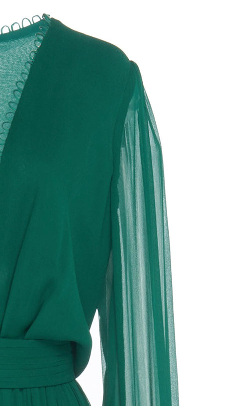 EMERALD GREEN CHIFFON MAXI DRESS WITH SHEER SLEEVES AND KEYHOLE BACK