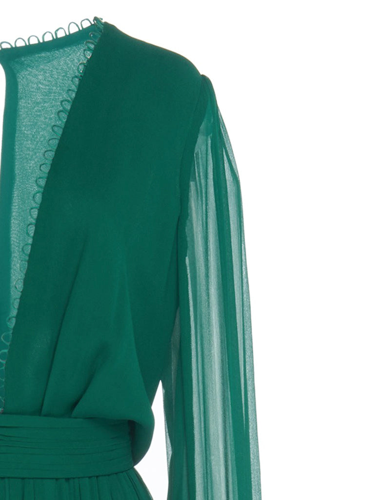AIIZIE EMERALD GREEN CHIFFON MAXI DRESS WITH SHEER SLEEVES AND KEYHOLE BACK - product image